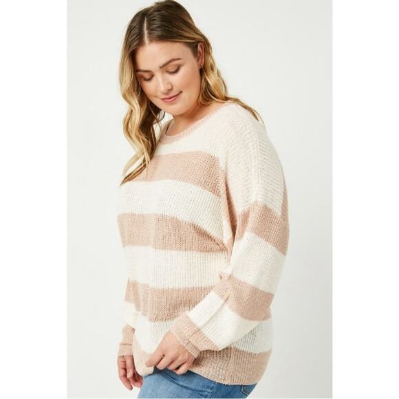 Hayden Plus Sweater Mauve Striped Loose Knit Round Cut Neck Comfy NWT 2XL - Picture 3 of 8